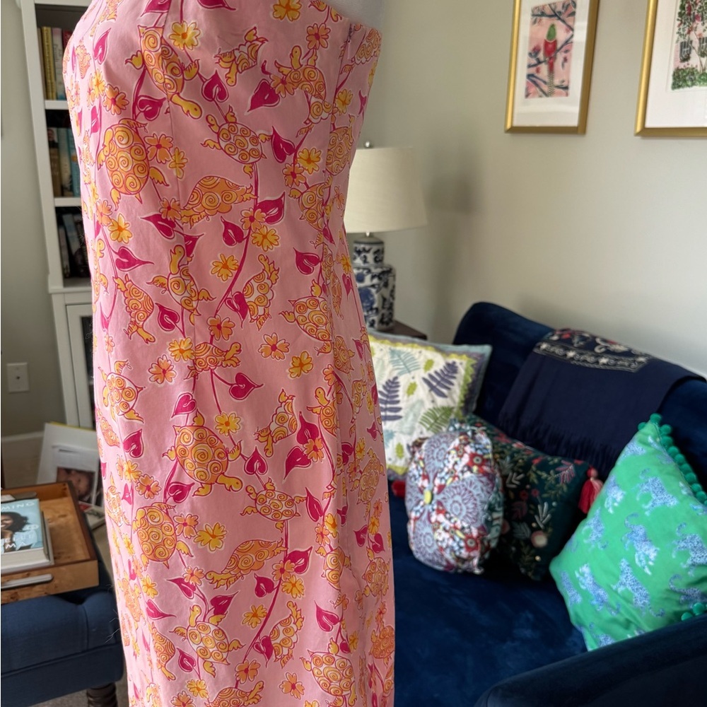 Vintage Lilly Pulitzer Pink and Orange Sleeveless Midi Sundress w/ Turtles- 8 - Picture 4 of 6